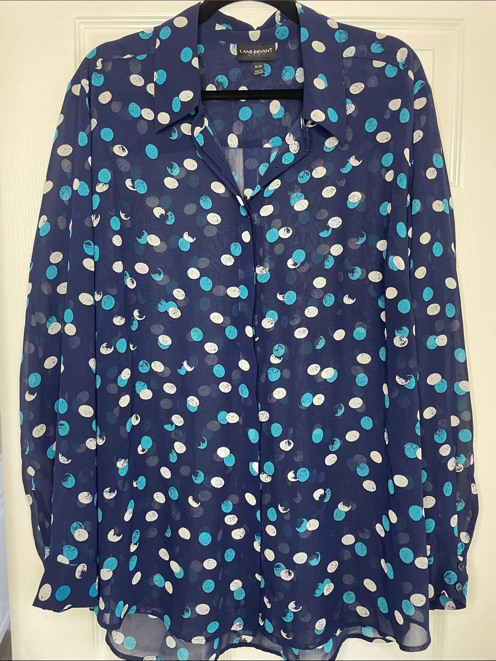 Lane Bryant  Sheer Navy Blouse with Teal & White Polka Dots